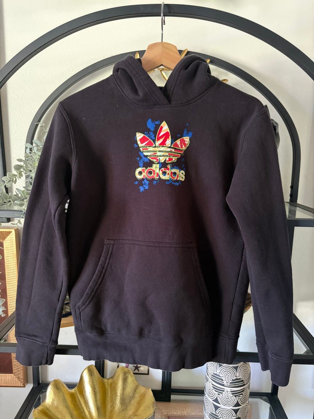 Adidas Originals Youth L 13-14 Black Multicolor Trefoil Graphic Pullover Hoodie